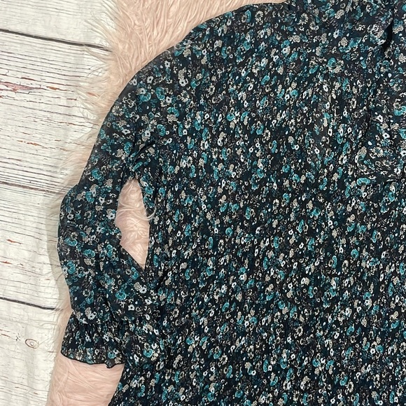 Zara Floral Blue Black Floral Tie Neck Pleated Plisse Mini Dress - Picture 7 of 11